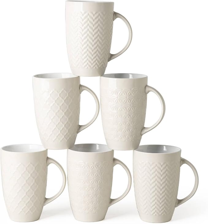AmorArc Extra Large Coffee Mugs Set of 6, 20oz Ceramic Tall Coffee Mugs Set with Textured Geometric Patterns for Coffee/Tea/Beer/Hot Cocoa, Dishwasher & Microwave Safe,Beige-Ruum Studio Home