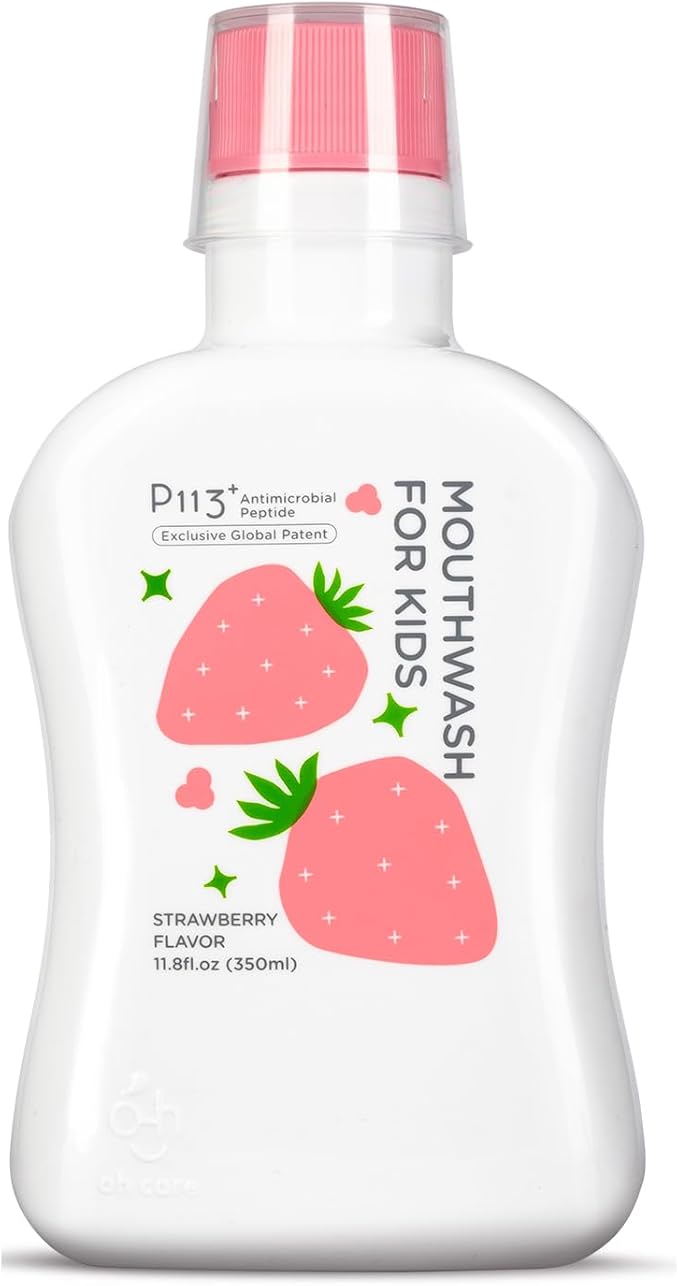 Mouthwash for Kids P113+ Peptide Anti Cavity Mouth Rinse Alcohol Free for Teeth and Gums Safe Oral Hygiene for Newborn to Toddler 11.08 fl oz (11.08 Fl oz, Strawberry)-Ruum Studio Home