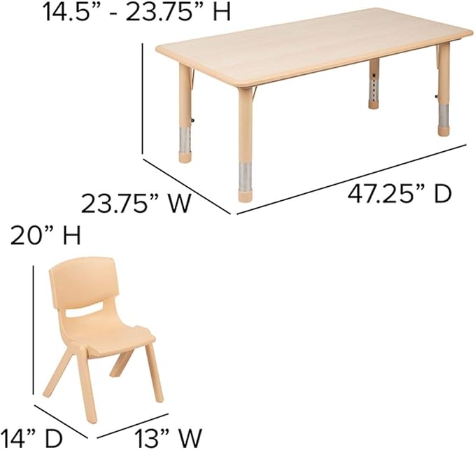 Flash Furniture Emmy Adjustable Classroom Activity Table with 6 Stackable Chairs, Plastic Activity Table for Kids, 23.625" W x 47.25" L, Natural-Ruum Studio Home