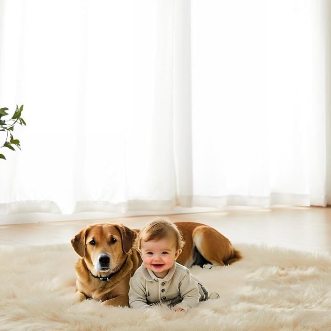 AMTOVO Faux Fur Sheepskin Rug for Living Room, 4 x 6 ft Beige Fluffy Area Rug for Bedroom, Playroom, Luxury Room Decor, Rectangle-Ruum Studio Home