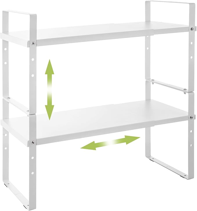 Expandable Cabinet Shelf Organizer Rack, Stackable Kitchen Counter Storage Shelves Stand, Adjustable Height Pantry Shelf Spice Rack (White, 2 Pack)-Ruum Studio Home