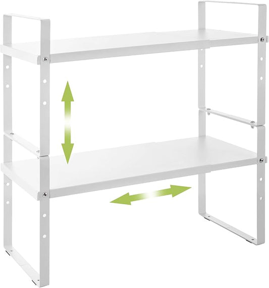 Expandable Cabinet Shelf Organizer Rack, Stackable Kitchen Counter Storage Shelves Stand, Adjustable Height Pantry Shelf Spice Rack (White, 2 Pack)-Ruum Studio Home