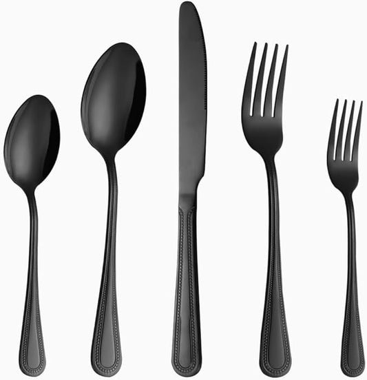 20 Pcs Black Silverware Set for 4 with Pearled Edge Handle design, Food Grade Stainless Steel Flatware Set, Eating Utensils Sets Include Fork/Knife/Spoon, Reusable Cutlery Set, Dishwasher Safe-Ruum Studio Home