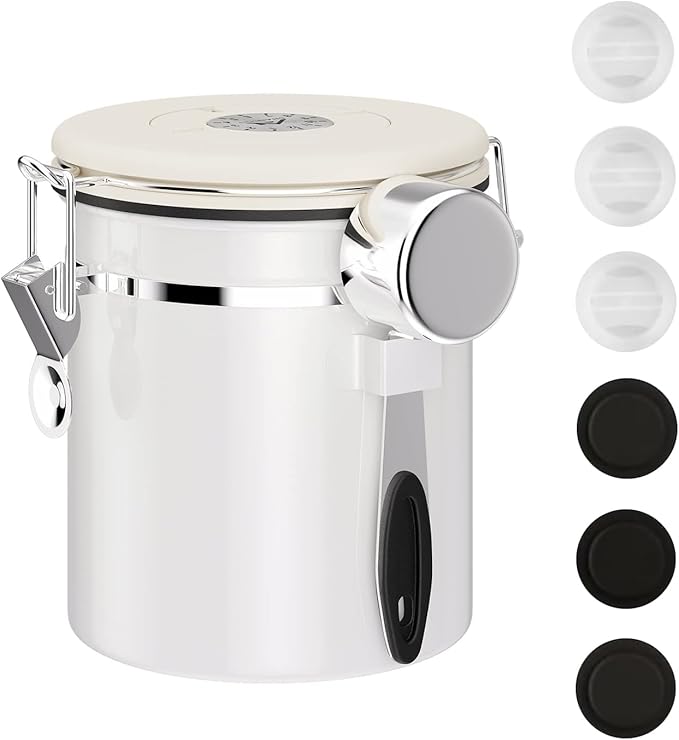 ShanSon Coffee Canister Airtight Coffee Container Stainless Steel Coffee Bean Storage Container with CO2 Release Valve and Scoop Coffee Canister for Beans,Grounds,Sugar,Flour,Tea,Cereal,16OZ,Off-White-Ruum Studio Home