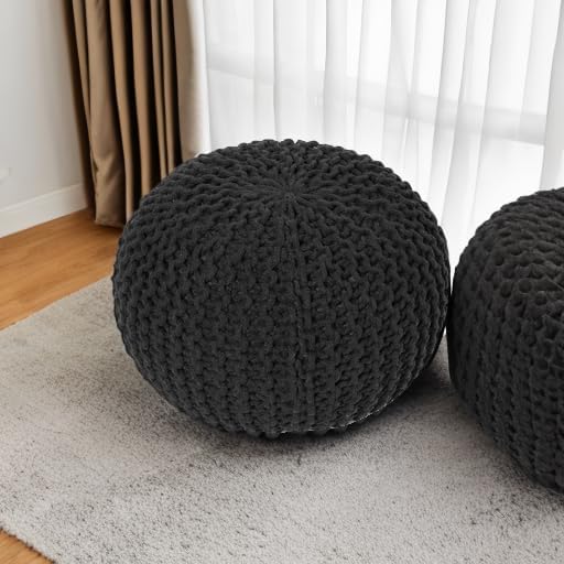 REDEARTH Round Pouf Foot Stool Ottoman - Hand Knitted Bean Bag - Cord Boho Pouffe - Cable Poof Footrest for Living Room - Nursery - Bedroom - Patio - 100% Cotton - Home Decor (19.5"x19.5"x14") - Black-Ruum Studio Home