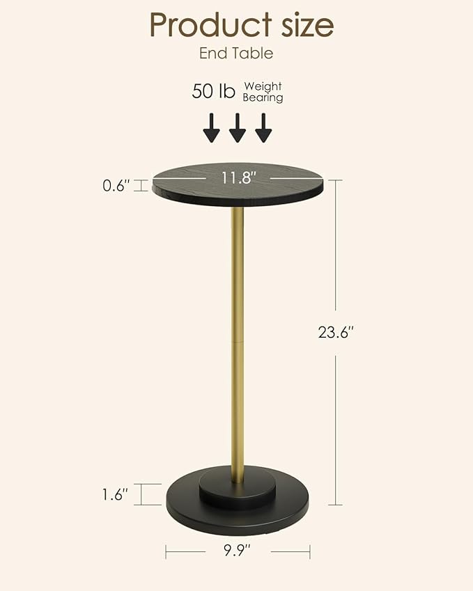 Masupu Drink Table, Round Side Table for Small Spaces, Pedestal Side Table, Small End Table with Metal Base, for Living Room, Bedroom, Bathroom, Black Gold-Ruum Studio Home