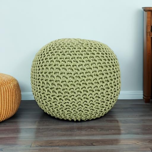 REDEARTH Round Pouf Foot Stool Ottoman - Cotton Knitted Cord Boho Pouffe - Cable Poof Filled Footrest Stuffed for Living Room - Nursery - Bedroom - Patio - Lounge (19.5"x19.5"x14") - Kiwi-Ruum Studio Home