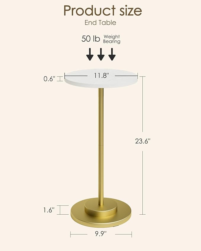 Masupu Drink Table, Round Side Table for Small Spaces, Pedestal Side Table, Small End Table with Metal Base, for Living Room, Bedroom, Bathroom, White Gold-Ruum Studio Home
