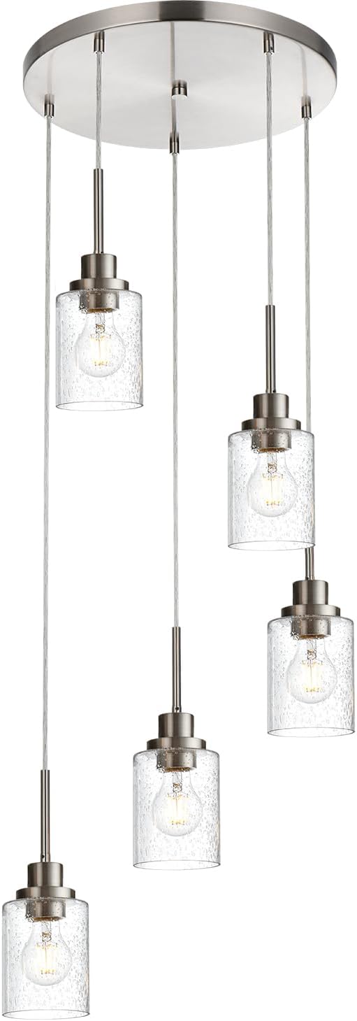 5 Light Farmhouse Pendant Lighting for Kitchen Island,Brushed Nickel Dining Room Cluster Pendant Light Fixtures Hanging Ceiling with Seeded Glass,Modern Pendant Light for Entrance Stairwell-Ruum Studio Home