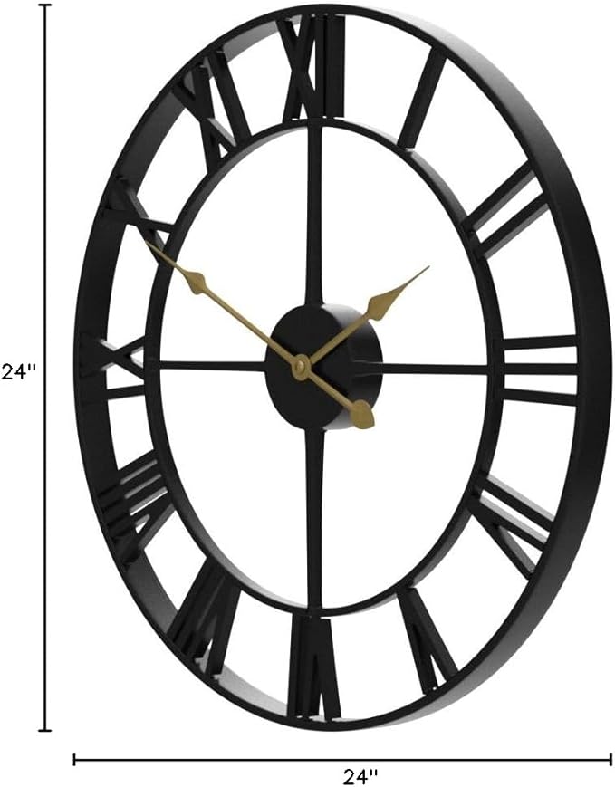LEIKE Large Wall Clock, 24" Completely Silent, Non Ticking, Battery-Operated,Rustic Round Modern Metal Wall Clock Decor for Living Room, Bedroom and Kitchen, (60cm, Black-Roman Number)-Ruum Studio Home