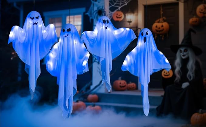 4 Pack Halloween Hanging Ghost Decorations, 27.5" Light Up Spooky Floating Ghosts with LED Glow, Waterproof Outdoor & Indoor Haunted House, Porch, Yard, Garden Party Decor-Ruum Studio Home