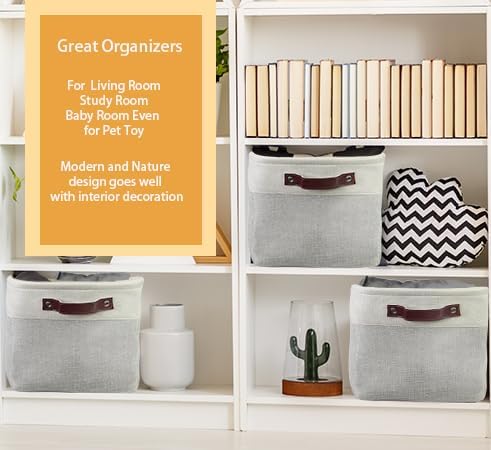 SIMPLE HOUSEWARE Large Fabric Storage Bin, 15" x 11" with Leather Like Handles, 3 Pack, Gray-Ruum Studio Home