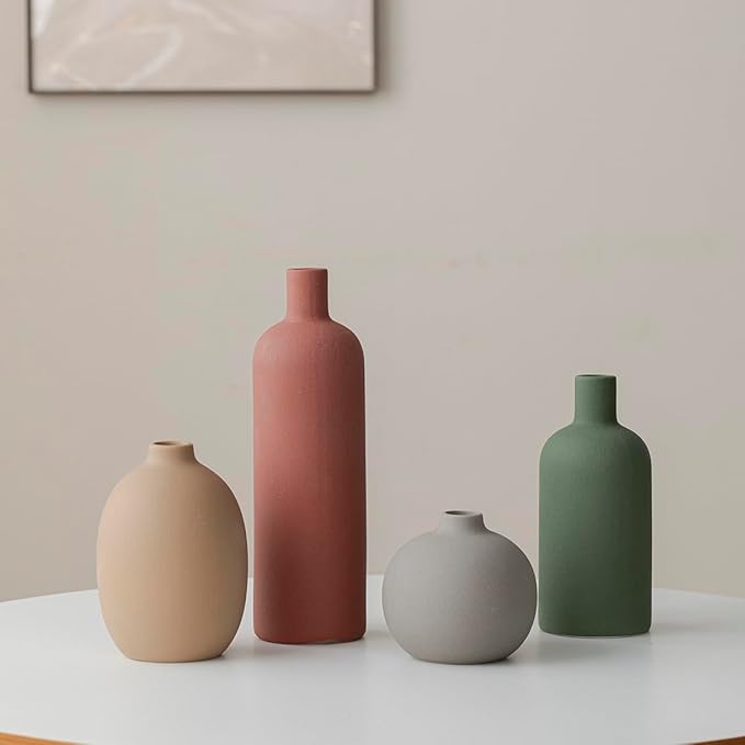 Modern Ceramic Vase Set, Neutral Colors, Decorative Vases for Home Decor, 4 Piece Collection (Green Mix Set 4)-Ruum Studio Home