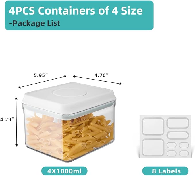 Ankou Airtight Container Set (1000ml 4 Pcs) Stackable One Press Openning Food Containers for Snacks Sugar Salt Herbs Spices Coffee Bean Formula Popcorn BPA-Free Tight Seal - Clear (1.0 QT * 4)-Ruum Studio Home