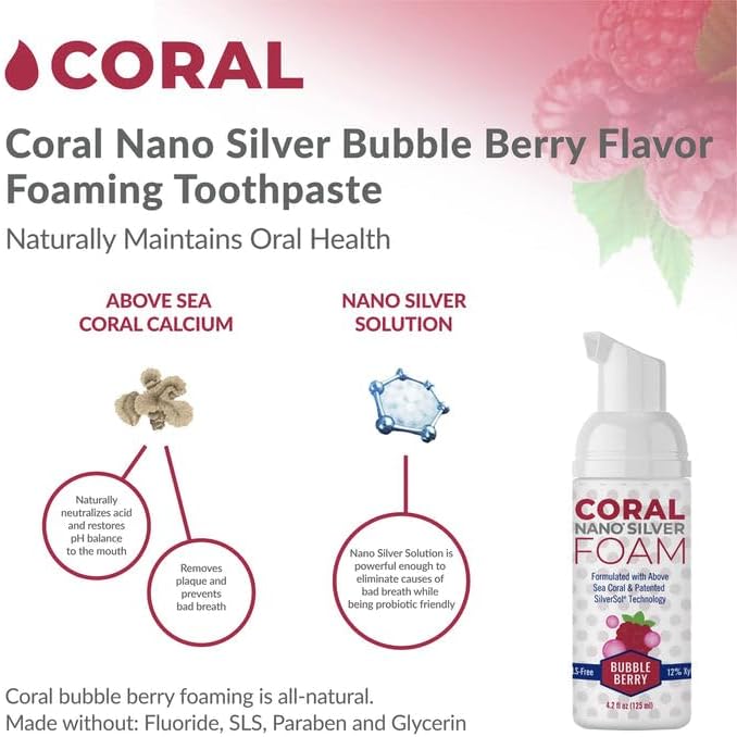 Coral Nano Silver Kids Fluoride Free Foaming Bubble Berry Coral Calcium Toothpaste, Natural Formula, SLS and Glycerin Free - 4 Ounce-Ruum Studio Home
