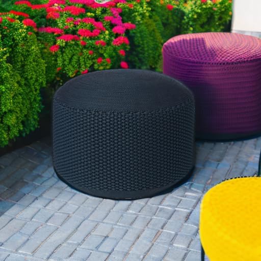 BIRDROCK HOME Outdoor Pouf Ottoman | Hand Woven Waterproof Foot Stool with Bead Bag Filling | Boho Foot Rest for Patio, Living Room, Porch & Outdoor Seating | Lightweight, Soft Stuffed Chair | Navy-Ruum Studio Home