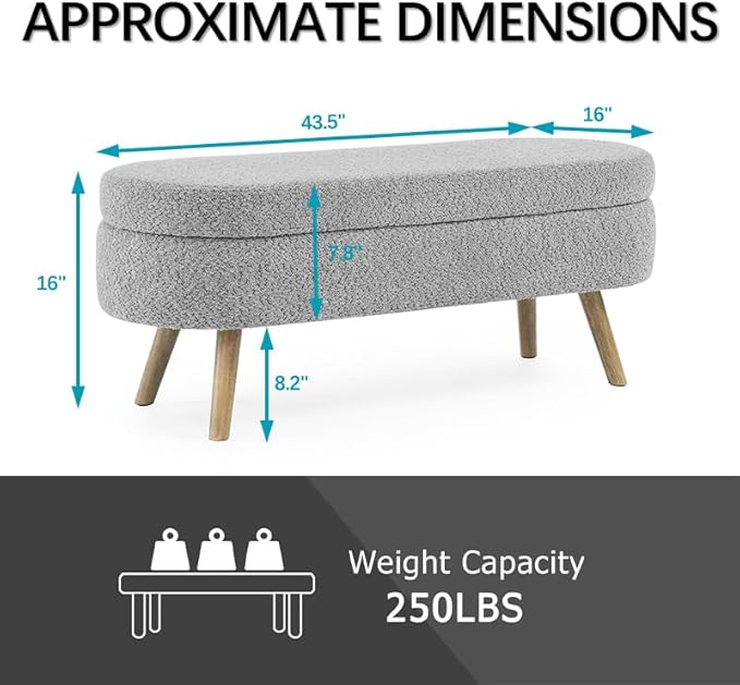 Oval Storage Bench 43.5" Linen Fabric Upholstered Entryway Bench with Solid Wood Legs Ottoman Bench Indoor Bench for Living Room/Bedroom/End of Bed/Entryway (New Grey)-Ruum Studio Home