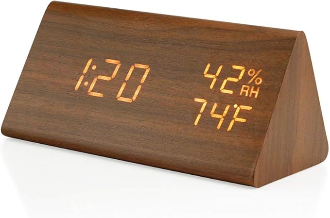 OCT17 Wooden Alarm Clock, Smart LED Digital Clock for Bedroom/desks, Upgraded with Time Temperature, Adjustable Brightness and Voice Control, Humidity Displaying - Brown-Ruum Studio Home