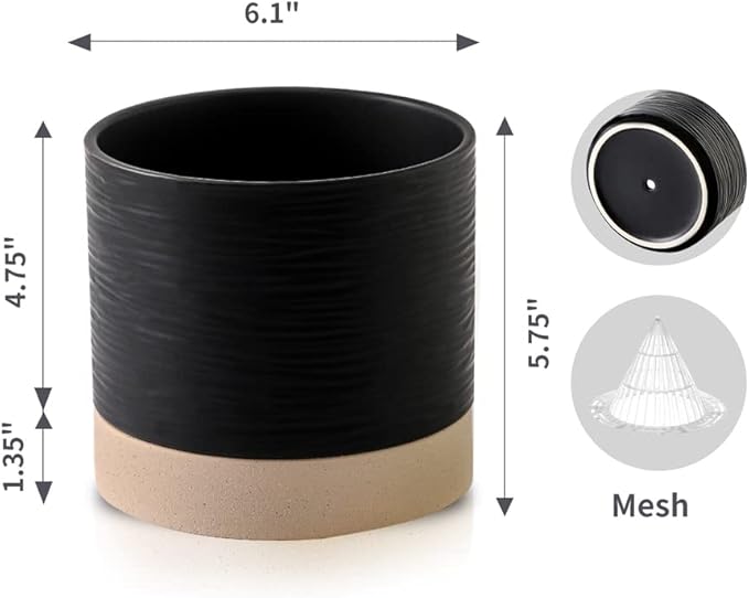 Nihow Ceramic Plant Pot: 6 Inch Planter with Drainage Hole & Saucer for Indoor & Outdoor Plants - Cylinder Round Flower Pot for Succulent/Herbs/Violets - Black & Brown-Ruum Studio Home