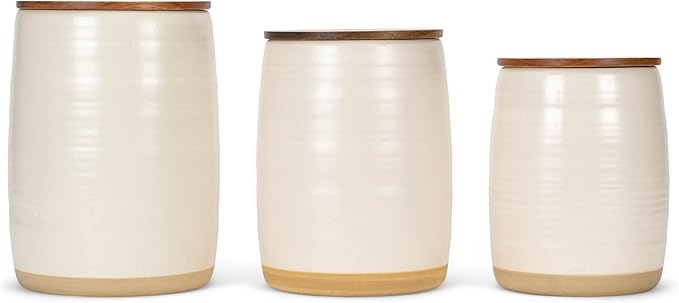 Nat & Jules Lidded Cream 6 inch Ceramic and Wood Kitchen Canisters Set of 3-Ruum Studio Home
