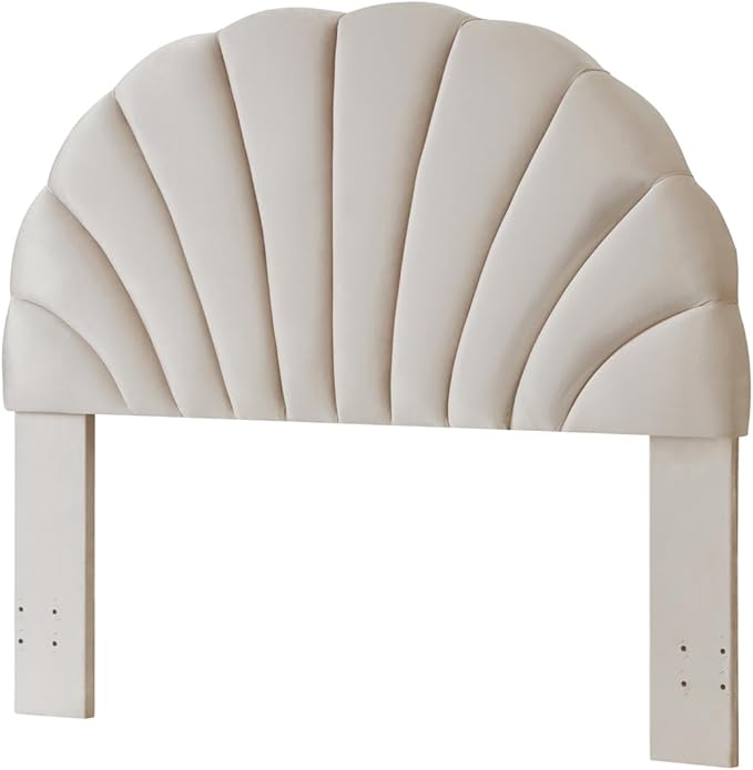 24KF Stunning Crown Design Queen Headboard, Upholstered Soft Velvet Petal Pattern Headboard Queen/Full-Beige-Ruum Studio Home