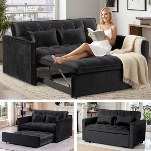 3 in 1 Convertible Sleeper Sofa Bed, Couch with Pull Out Bed with Side Pocket, Convertible Love Seat Sleepers Couch for Living Room, Bedroom, Black-Ruum Studio Home