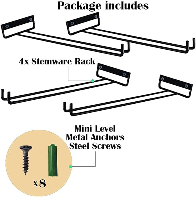 4 Packs 12 Inch Wine Glass Racks Cup Wall Mounted Stemware Hanging Wine Glasses Holder Under Cabinet Wire Wine Decor Racks-Ruum Studio Home