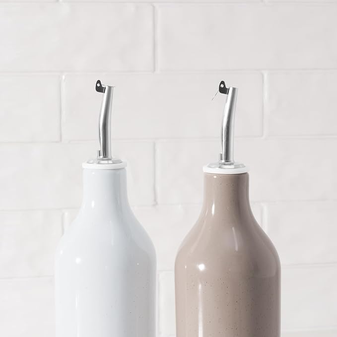 famiware Milkyway 16oz Ceramic Olive Oil Dispenser Bottle, Olive Oil and Vinegar Dispenser Bottle Set of 2 with Stainless Steel Pourers, Suitable for Storage Liquids, Light Gray and Cinnamon Brown-Ruum Studio Home