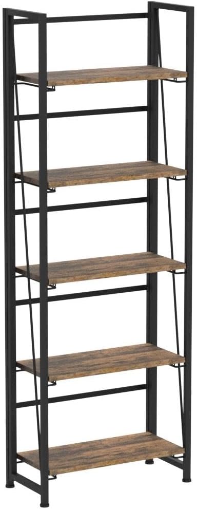 4NM No Assembly Foldable Bookshelf, 5-Shelf Collapsible Bookcase Storage for Small Spaces, 62.2" H, Rustic Brown and Black-Ruum Studio Home