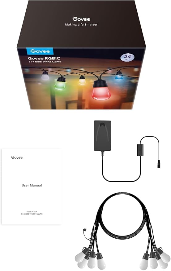 Govee Smart Outdoor String Lights H7029, 24ft RGBIC Outdoor Lights with 8 Dimmable LED Bulbs, IP65 Waterproof, Color Changing Warm White Lights with 47 Scene Modes for Patio, Backyard, App Control-Ruum Studio Home