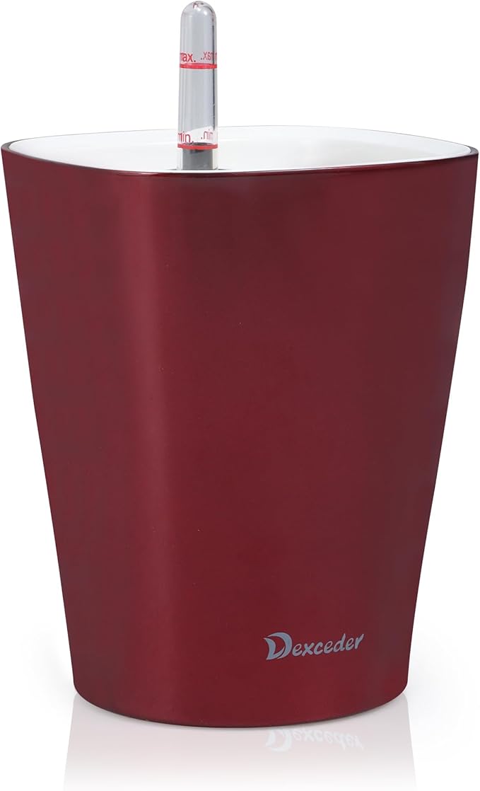 Dexceder 6x7 Self Watering Planter Indoor Outdoor, High Gloss Table Flower Plant Pot with Water Level Indicator (Wine Red)-Ruum Studio Home