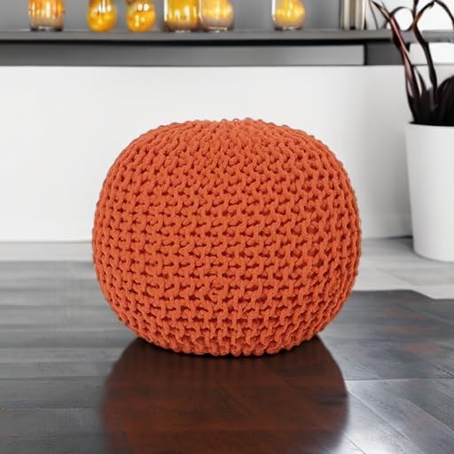 REDEARTH Round Pouf Ottoman - Hand Knitted Cable Boho Poof - Pouffe Circular Footrest for Living Room - Bedroom - Patio - 100% Cotton (19.5"x19.5"x14") - Burnt Orange-Ruum Studio Home