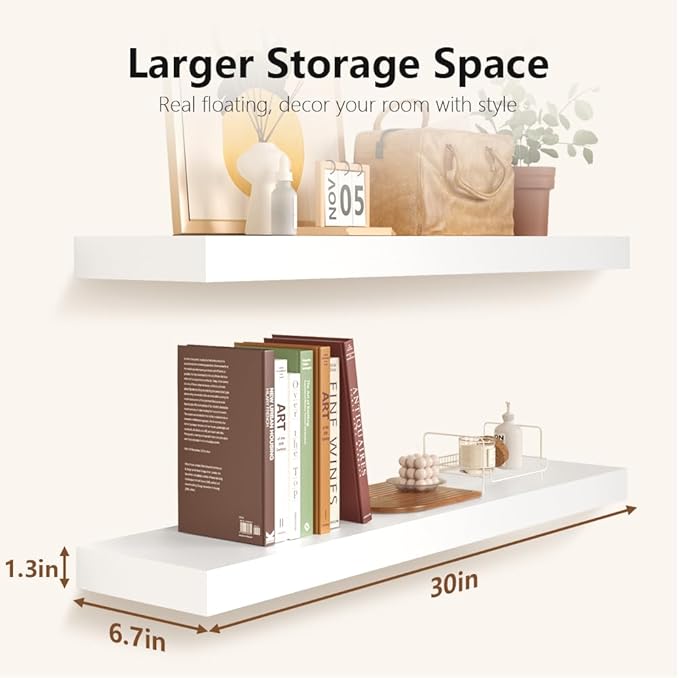 Habudda Floating Shelves for Wall, Display Shelf for Bathroom Bedroom Kitchen, Rustic Decor Pine Solid Wood Bookshelf, 30 Inch Long, Set of 2, White-Ruum Studio Home