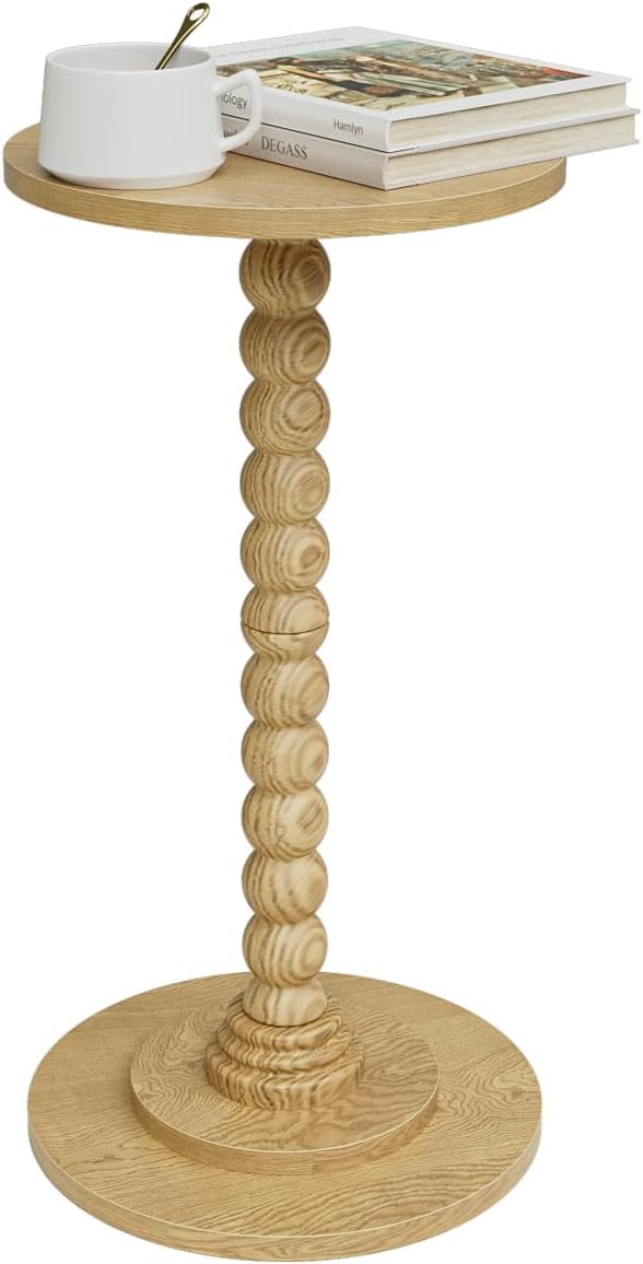 Masupu Round Side Table, Small End Table for Small Spaces, Pedestal Drink Table with Solid Wood Leg for Living Room, Bedroom, Corners(Natural)-Ruum Studio Home