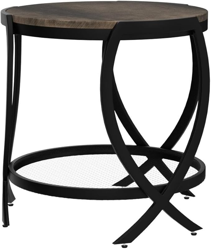 ASYA Industrial Round End Table with Storage Shelf, 2-Tier Side Table for Living Room, Adjustable Feet & lmitation Wood Grain Surface, Rustic Brown-Ruum Studio Home
