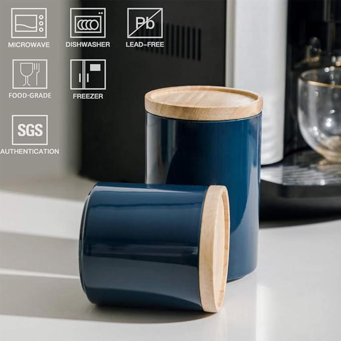 Sweejar Kitchen Canisters Ceramic Food Storage Jar, Stackable Containers with Airtight Seal Wooden Lid for Serving Ground Coffee, Tea, Sugar, Salt and More - 16 Fl Oz (Navy New)-Ruum Studio Home