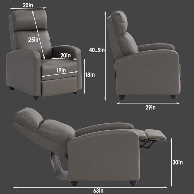 BestMassage | Recliner Chair | No Massage Function | Pu Grey | with Lumbar Support, Adjustable Push Back, Wide Armrests, Footrest & Padded Seat | Easy Assembly | for Living Room, Home Theatre-Ruum Studio Home