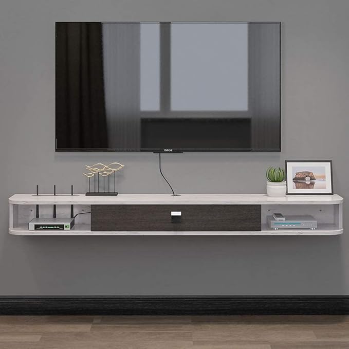 Pmnianhua Floating TV Console,55'' Wall-Mounted Media Console,Floating TV Cabinet,Modern Floating TV Stand,Under TV Entertainment Shelf with Door and Storage for Bedroom Living Room (Grey-White)-Ruum Studio Home