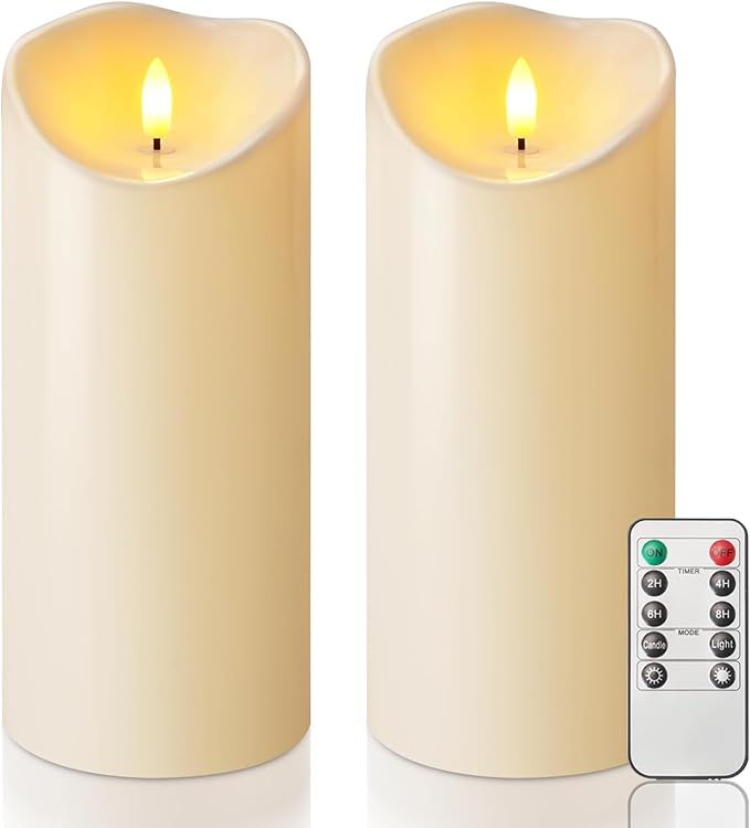 Homemory 4"x9" Outdoor Waterproof Flameless Candles with Timers and Remote Control, Battery Operated Candles, LED Plastic Candles, Dark Ivory, Set of 2-Ruum Studio Home