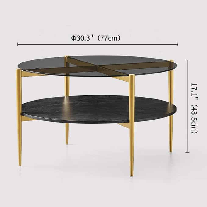 Round Coffee Table for Living Room, Mid-Century Modern Design, D30 x H17, 2-Tier Structure, Grey Glass Top and Black Marble Finish Wood Shelf, Sleek Conical Metal Legs with Gold Finish Frame-Ruum Studio Home