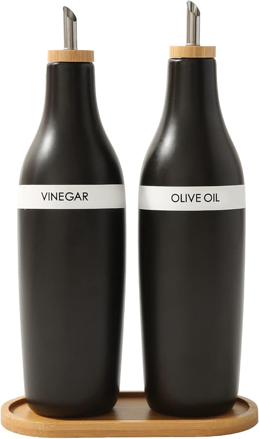 HOMCDALY Olive Oil and Vinegar Dispenser Set, Two 16oz Ceramic Oil Dispenser for Kitchen, Kitchen Dispenser Bottle for EVOO Vinegar Syrups, Modern Farmhouse Design| Set of 2 – Black-Ruum Studio Home