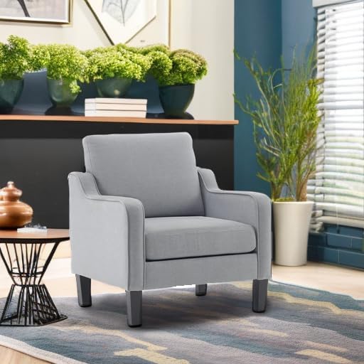 VINGLI Mid Century Modern Accent Chair, Light Grey Fabric Accent Chairs for Living Room Upholstered Armchair with Scooped Arms for Bedroom, Apartment, Studio, Office, Waiting Room-Ruum Studio Home
