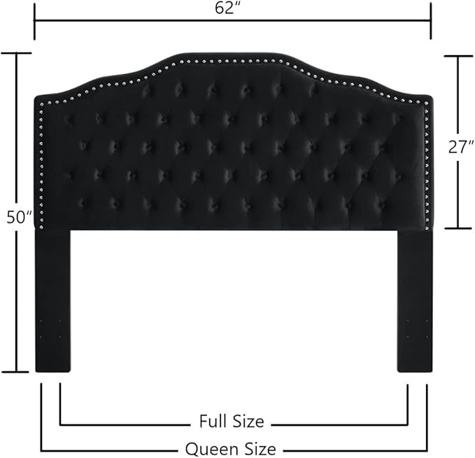 24KF Upholstered Button Tufted Queen Size Full Size Headboard with Nailhead Trim, Soft Velvet Fabric Headboard Queen/Full Size Headboad-Black-Ruum Studio Home