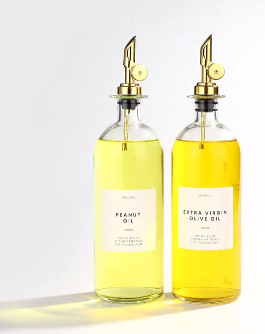 Molimoli Oil and Vinegar Dispenser with Metal Pour Spout, Weighted Pourer, Glass Bottle Dispenser for Kitchen, Olive Oil Cruet, Glass Olive Oil Bottle | 500ml, Set of 2-Ruum Studio Home