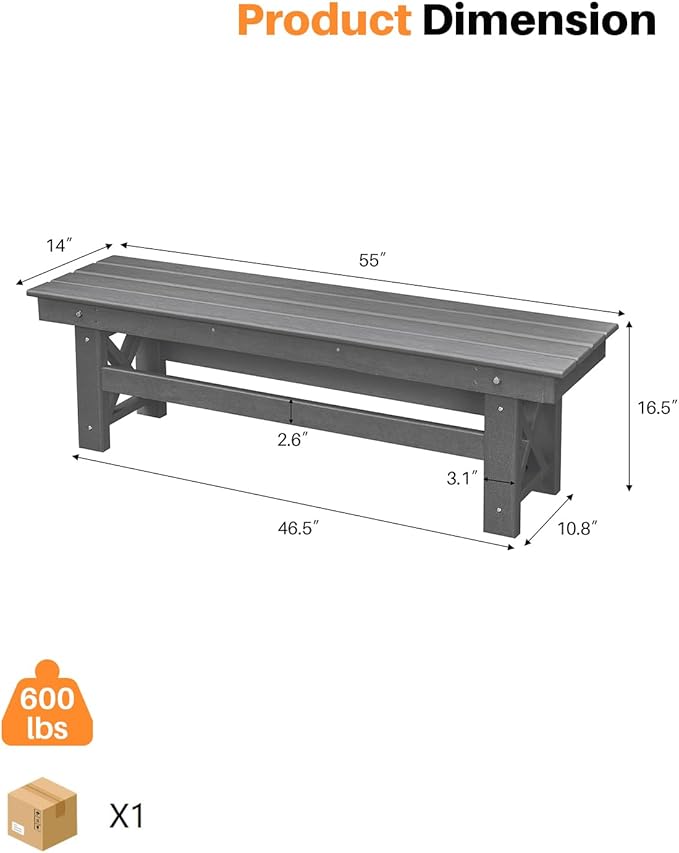 HDPE Outdoor Bench, 55" Patio Bench Outdoor Furniture, Poly Lumber Adirondack Benches, Fade-Resistant HDPE Garden Backless Benches for Park, Poolside, Porch, Smoke Gray-Ruum Studio Home
