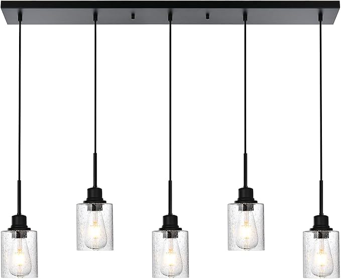 Black Chandelier 5 Light Dining Room Lighting Fixtures Hanging Linear Pendant Lights Industrial Modern Chandelier with Seeded Glass for Kitchen Island Living Room Bedroom Foyer Hall Entryway-Ruum Studio Home