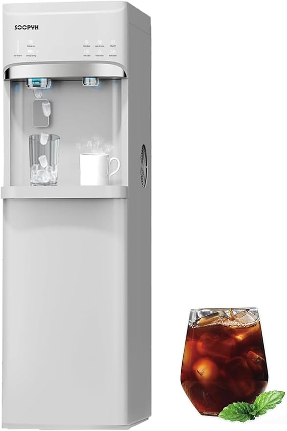 Self-Cleaning Bottom Load Water Cooler Dispenser with Ice Maker for 5 Gallon 3 Temperature Settings 22lbs Daily Capacity White-Ruum Studio Home