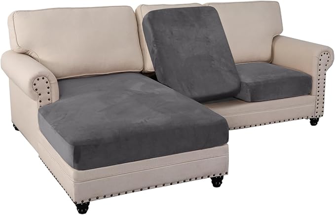PrinceDeco Sectional Couch Covers 3 Pieces Velvet Sofa Covers L Shape Soft Couch Covers for Sectional Sofa Corner Sofa Cover Couch Cover for Dogs Washable (2 Seater + 1 Chaise,Grey)-Ruum Studio Home