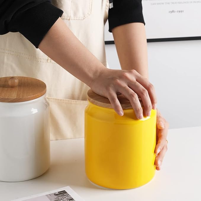 Sweejar Ceramic Kitchen Canisters, 58 FLOZ Porcelain Food Storage Jar with Airtight Seal Wooden Lid, Home Container Serving for Coffee Beans, Tea-leave, Sugar, Salt and More, Tool Bucket (Yellow)-Ruum Studio Home