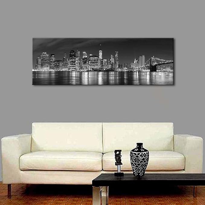 Wieco Art New York Manhattan Night View in Black and White Giclee Canvas Prints Modern Stretched and Framed Art work Cityscape Pictures Paintings on Canvas Wall Art for Bedroom Home Decorations-Ruum Studio Home